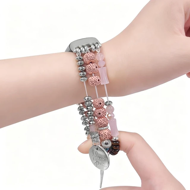 Alt view image 5 of 5 - Elastic Beaded Bracelet Compatible with Fitbit Charge 6/Charge 5 Band Women Men,Dressy Stretch Bohemian Ethnic Multilayered Beads Wristband for Charge 6/5 Fitness Tracker (Pink, S 5.3-5.9)
