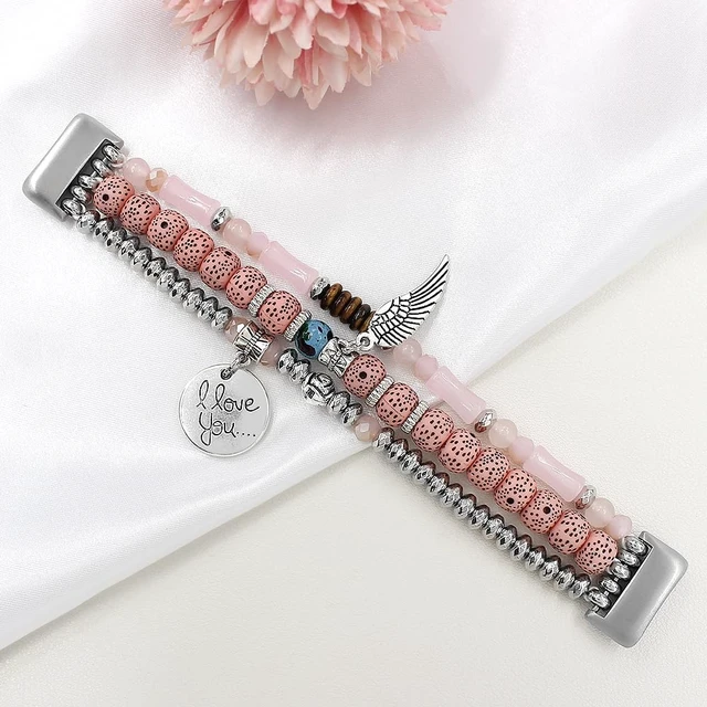 Alt view image 3 of 5 - Elastic Beaded Bracelet Compatible with Fitbit Charge 6/Charge 5 Band Women Men,Dressy Stretch Bohemian Ethnic Multilayered Beads Wristband for Charge 6/5 Fitness Tracker (Pink, S 5.3-5.9)