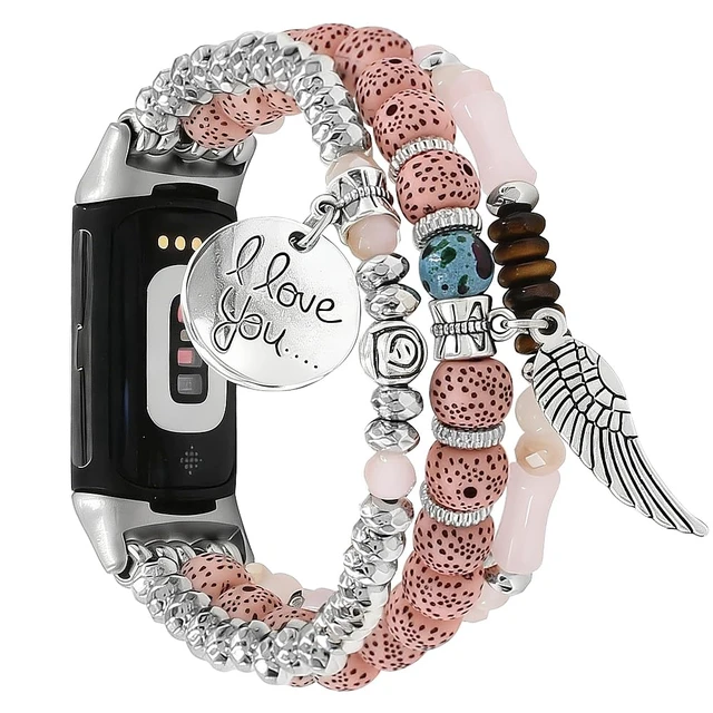 Alt view image 2 of 5 - Elastic Beaded Bracelet Compatible with Fitbit Charge 6/Charge 5 Band Women Men,Dressy Stretch Bohemian Ethnic Multilayered Beads Wristband for Charge 6/5 Fitness Tracker (Pink, S 5.3-5.9)