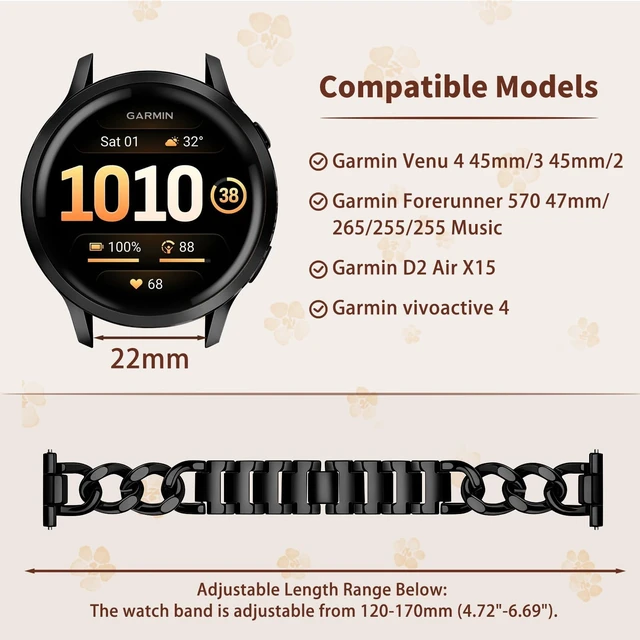 Alt view image 5 of 7 - 22mm Band for Garmin Venu 4/3 45mm, Women's Metal (Black) Women's Metal Skeleton Chain Link Replacement Strap for Garmin Venu 4/3 45mm/Forerunner 570 47mm/265/255/Vívoactive 4