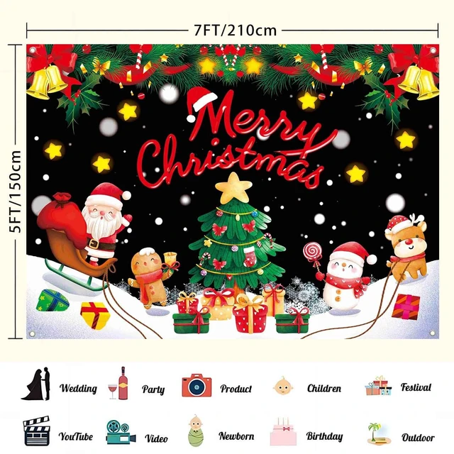 Alt view image 3 of 7 - Merry Christmas Backdrop Banner Santa Christmas Party Decorations Supplies Winter Snow Xmas Tree Holiday Party Photography Background Wall Decor Photo Props for Kids 7x5ft