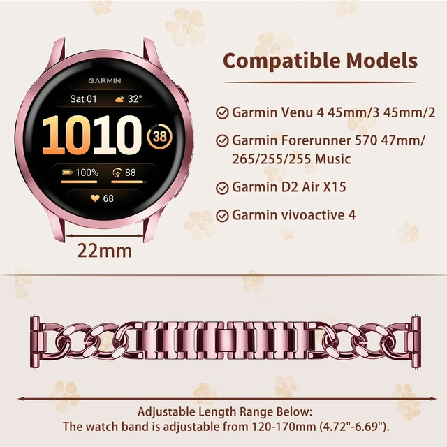 Alt view image 5 of 7 - 22mm Band for Garmin Venu 4/3 45mm, Women's Metal (Pink) Women's Metal Skeleton Chain Link Replacement Strap for Garmin Venu 4/3 45mm/Forerunner 570 47mm/265/255/Vívoactive 4