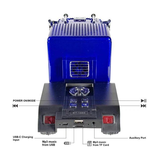 Alt view image 3 of 7 - BT-1985 Rechargable Portable Bluetooth Speaker with FM Radio, Blue LED Lights, TWS, FM Radio, USB/TF Playback, AUX Input, Built-In Microphone, USB-C Cable Included