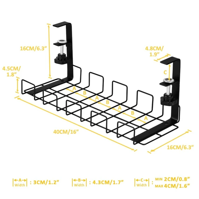 Alt view image 2 of 7 - 2 Pack Cable Management Under Desk Tray, 16", Black Clamp Mounted, No Drill Holes Needed, For Computer Home Office Standing Tables, Conceals Power Strips