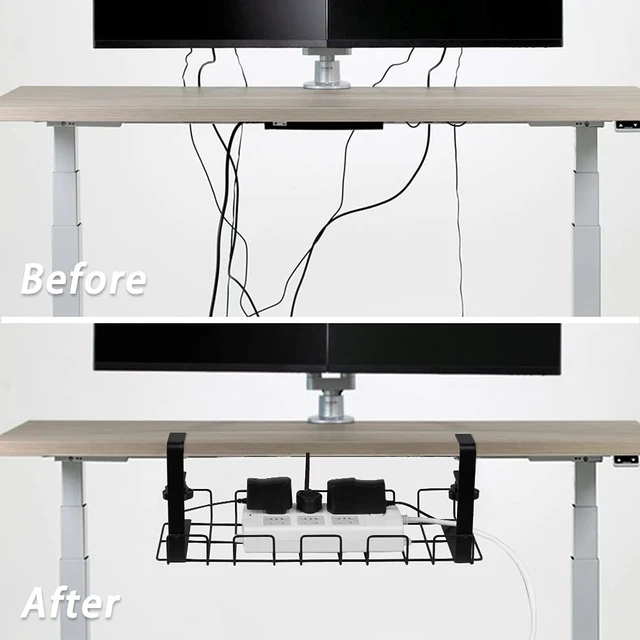 Alt view image 4 of 7 - 2 Pack Cable Management Under Desk Tray, 16", Black Clamp Mounted, No Drill Holes Needed, For Computer Home Office Standing Tables, Conceals Power Strips