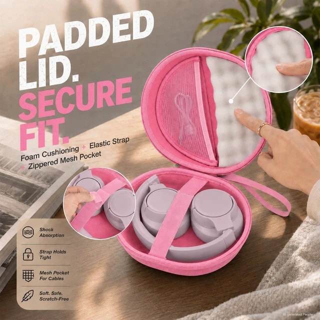 Alt view image 2 of 7 - Hard Headphone Case for JBL Tune 770NC 720BT 520BT 510BT 670NC Fits for JBL Live 770NC/670NC/680NC/780NC,Travel Case with Wave Foam & Soft Lining, Elastic Strap, Mesh Pocket,Pink