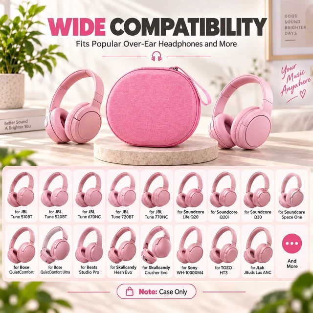 Alt view image 3 of 7 - Hard Headphone Case for JBL Tune 770NC 720BT 520BT 510BT 670NC Fits for JBL Live 770NC/670NC/680NC/780NC,Travel Case with Wave Foam & Soft Lining, Elastic Strap, Mesh Pocket,Pink