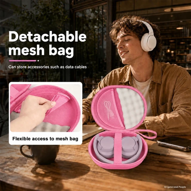 Alt view image 4 of 7 - Hard Headphone Case for JBL Tune 770NC 720BT 520BT 510BT 670NC Fits for JBL Live 770NC/670NC/680NC/780NC,Travel Case with Wave Foam & Soft Lining, Elastic Strap, Mesh Pocket,Pink