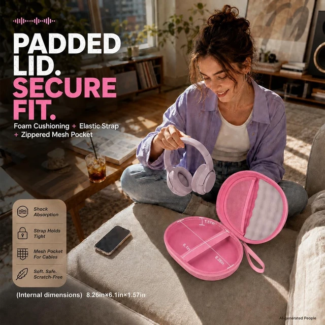 Alt view image 5 of 7 - Hard Headphone Case for JBL Tune 770NC 720BT 520BT 510BT 670NC Fits for JBL Live 770NC/670NC/680NC/780NC,Travel Case with Wave Foam & Soft Lining, Elastic Strap, Mesh Pocket,Pink