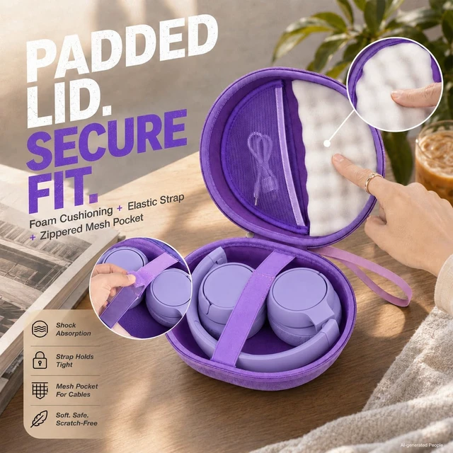 Alt view image 2 of 7 - Hard Headphone Case for JBL Tune 770NC 720BT 520BT 510BT 670NC Fits for JBL Live 770NC/670NC/680NC/780NC,Travel Case with Wave Foam & Soft Lining, Elastic Strap, Mesh Pocket,Purple