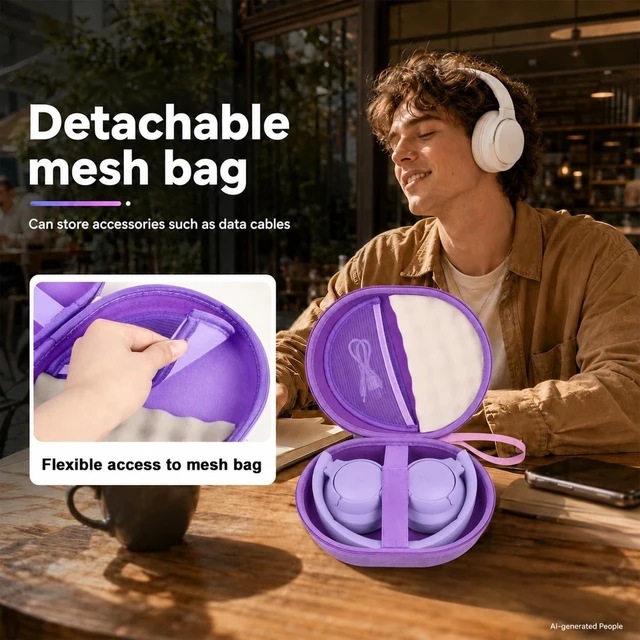 Alt view image 3 of 7 - Hard Headphone Case for JBL Tune 770NC 720BT 520BT 510BT 670NC Fits for JBL Live 770NC/670NC/680NC/780NC,Travel Case with Wave Foam & Soft Lining, Elastic Strap, Mesh Pocket,Purple