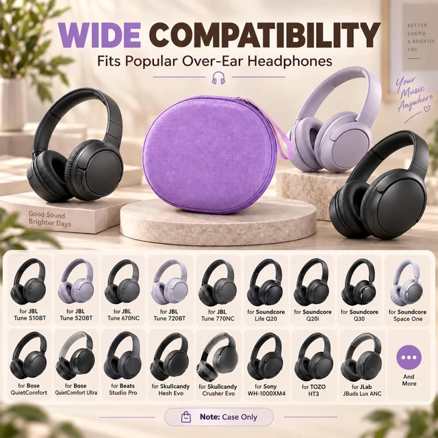 Alt view image 4 of 7 - Hard Headphone Case for JBL Tune 770NC 720BT 520BT 510BT 670NC Fits for JBL Live 770NC/670NC/680NC/780NC,Travel Case with Wave Foam & Soft Lining, Elastic Strap, Mesh Pocket,Purple