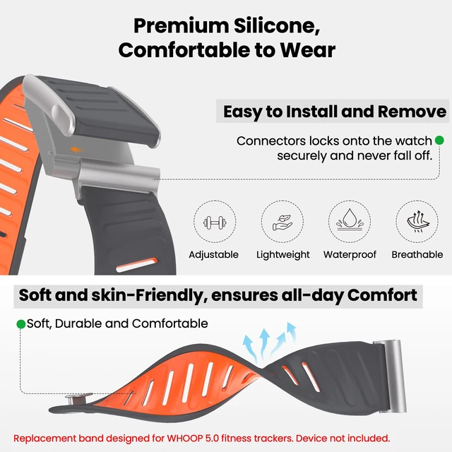 Alt view image 3 of 7 - Silicone Sport Band Compatible with Whoop 5.0/MG Band for Men & Women Upgraded Soft Breathable Waterproof Adjustable Replacement Accessories Strap for Whoop Band 5.0-Not Compatible with Gen 4