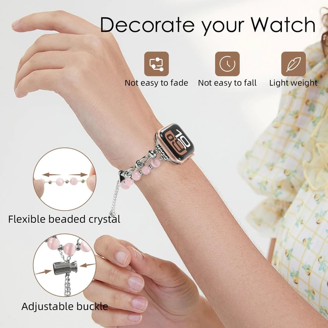 Alt view image 2 of 7 - Dressy Beaded Bracelet Compatible with Apple Watch for Women 49mm 46mm 45mm 44mm 42mm 41mm 40mm 38mm Adjustable Fashion Stone Stretchy Strap for iWatch 11 10 9 8 7 6 5 4 3 Ultra SE