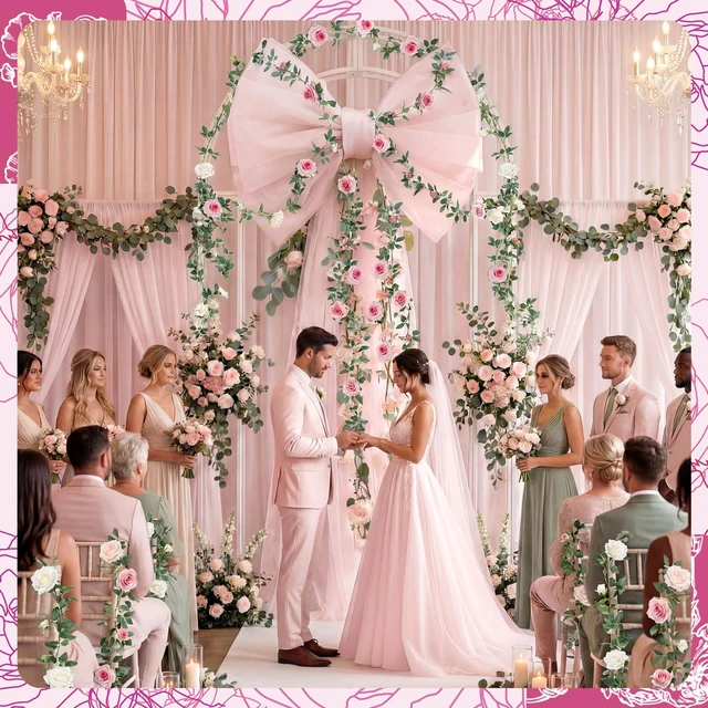 Alt view image 6 of 7 - Giant Bow Long Ribbons Wedding Backdrop,32 x 20 x 67inches,Pink Tulle Bow for Bridal Shower Arch Wall, Baby Shower Birthday Party Room Decoration, Reusable Seasonal Home Backdrop Decor