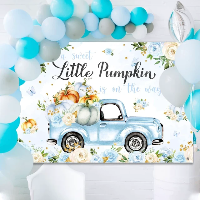 Alt view image 6 of 6 - Little Pumpkin Baby Shower Decoration Backdrop for Boy A Sweet Little Pumpkin is On The Way Fall Blue Floral Truck Photography Background It's a Boy Party Decor Banner 5x3ft