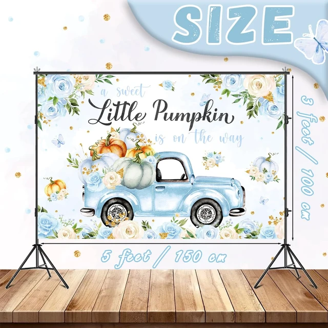 Alt view image 3 of 6 - Little Pumpkin Baby Shower Decoration Backdrop for Boy A Sweet Little Pumpkin is On The Way Fall Blue Floral Truck Photography Background It's a Boy Party Decor Banner 5x3ft