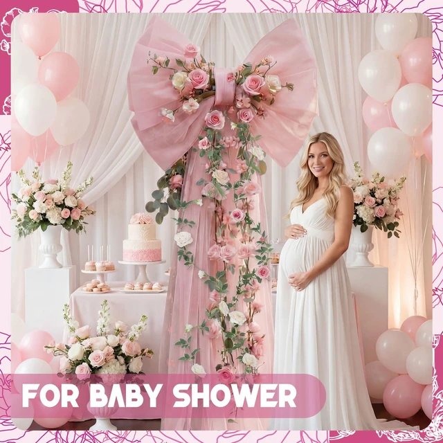 Alt view image 5 of 7 - Giant Bow Long Ribbons Wedding Backdrop,32 x 20 x 67inches,Pink Tulle Bow for Bridal Shower Arch Wall, Baby Shower Birthday Party Room Decoration, Reusable Seasonal Home Backdrop Decor