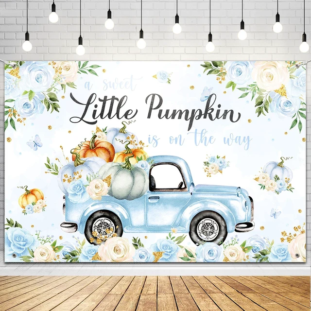 Main image of Little Pumpkin Baby Shower Decoration Backdrop for Boy A Sweet Little Pumpkin is On The Way Fall Blue Floral Truck Photography Background It's a Boy Party Decor Banner 5x3ft
