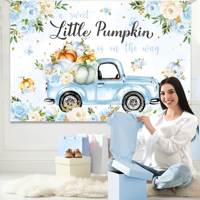 Alt view image 2 of 6 - Little Pumpkin Baby Shower Decoration Backdrop for Boy A Sweet Little Pumpkin is On The Way Fall Blue Floral Truck Photography Background It's a Boy Party Decor Banner 5x3ft