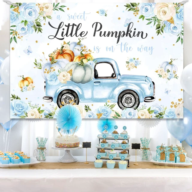 Alt view image 4 of 6 - Little Pumpkin Baby Shower Decoration Backdrop for Boy A Sweet Little Pumpkin is On The Way Fall Blue Floral Truck Photography Background It's a Boy Party Decor Banner 5x3ft