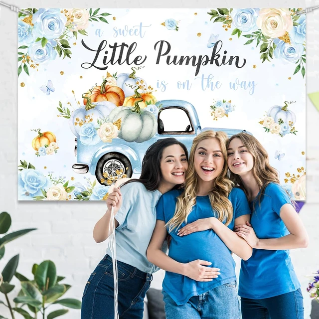 Alt view image 5 of 6 - Little Pumpkin Baby Shower Decoration Backdrop for Boy A Sweet Little Pumpkin is On The Way Fall Blue Floral Truck Photography Background It's a Boy Party Decor Banner 5x3ft