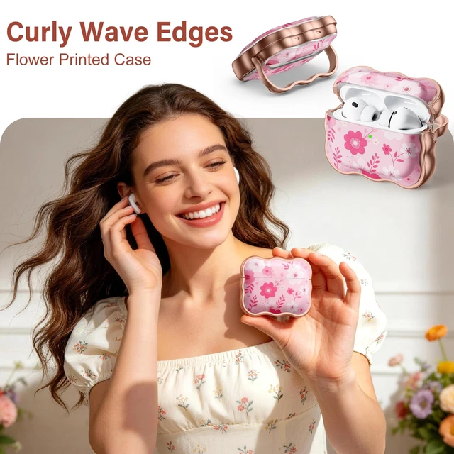 Alt view image 2 of 7 - for AirPods Pro 3 Case with Safety Lock, Cleaner Kit & Keychain Flower Print Cover with Scalloped Edge for Women Girls, Compatible with Apple AirPods Pro 3 Case Cover, Wireless Charging
