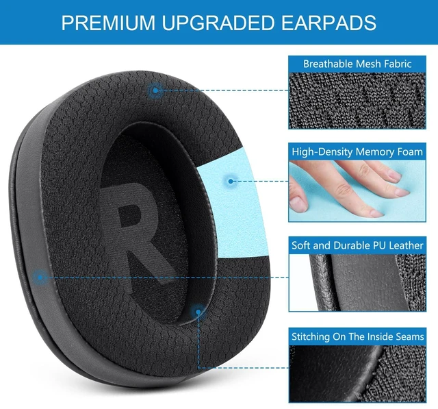 Alt view image 3 of 7 - GVOEARS Ear Pads for Logitech G Pro, G Pro X, G Prox 2, G Pro X SE - Black Replacement Ear Cushions with Mesh Fabric, Memory Foam, Added Thickness