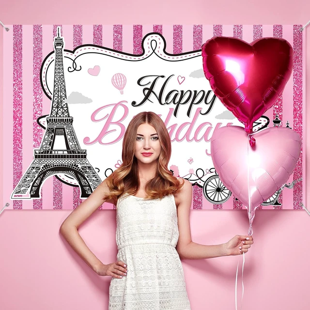 Alt view image 5 of 6 - Paris Photo Backdrop Eiffel Tower Wall Tapestry Paris Themed Birthday Party Decorations Banner Pink Wall Hanging Decor, 5.9 x 3.6 ft