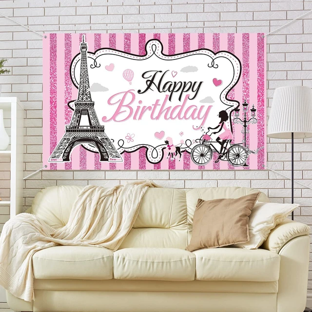 Alt view image 6 of 6 - Paris Photo Backdrop Eiffel Tower Wall Tapestry Paris Themed Birthday Party Decorations Banner Pink Wall Hanging Decor, 5.9 x 3.6 ft