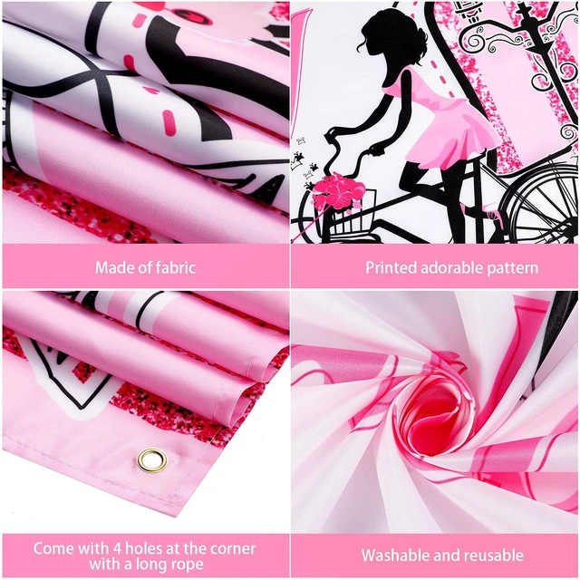 Alt view image 3 of 6 - Paris Photo Backdrop Eiffel Tower Wall Tapestry Paris Themed Birthday Party Decorations Banner Pink Wall Hanging Decor, 5.9 x 3.6 ft