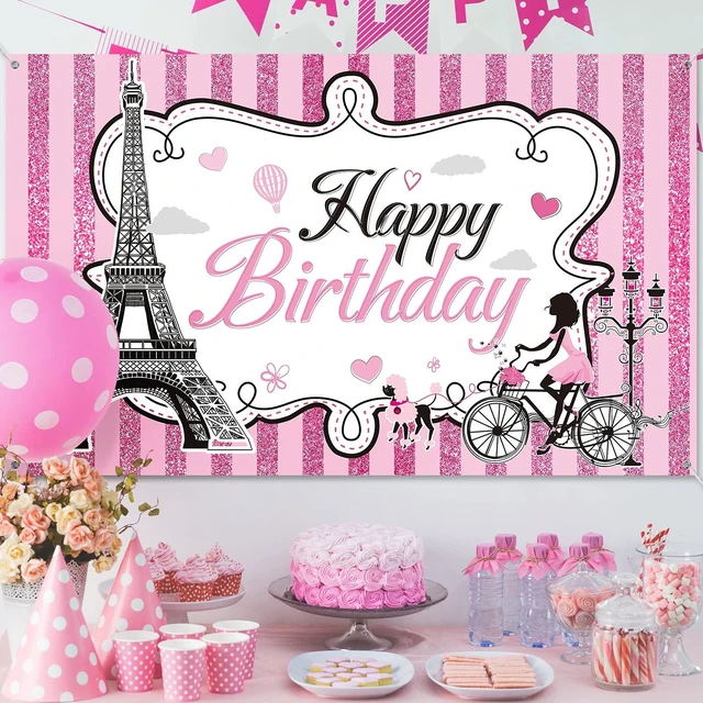 Alt view image 4 of 6 - Paris Photo Backdrop Eiffel Tower Wall Tapestry Paris Themed Birthday Party Decorations Banner Pink Wall Hanging Decor, 5.9 x 3.6 ft