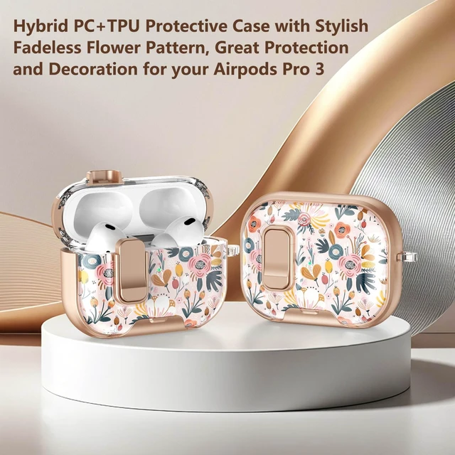 Alt view image 2 of 7 - Secure Lock for Airpods Pro 3 Case Clear,Girly Cute Floral for Airpods Pro 3rd Generation Case Cover with Phone Stand,Auto Pop-up,Hybrid Protection with Carabiner&Cleaning Pen Women-Golden
