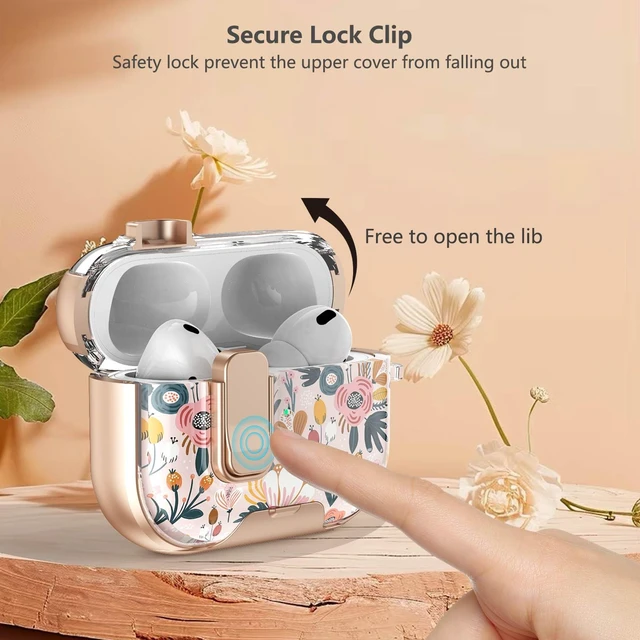 Alt view image 3 of 7 - Secure Lock for Airpods Pro 3 Case Clear,Girly Cute Floral for Airpods Pro 3rd Generation Case Cover with Phone Stand,Auto Pop-up,Hybrid Protection with Carabiner&Cleaning Pen Women-Golden
