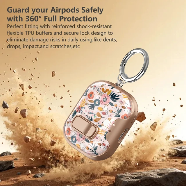 Alt view image 5 of 7 - Secure Lock for Airpods Pro 3 Case Clear,Girly Cute Floral for Airpods Pro 3rd Generation Case Cover with Phone Stand,Auto Pop-up,Hybrid Protection with Carabiner&Cleaning Pen Women-Golden