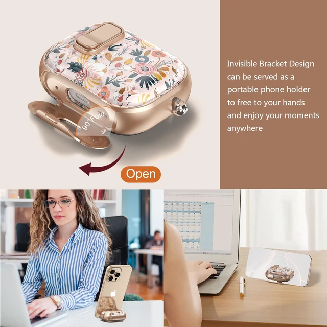 Alt view image 4 of 7 - Secure Lock for Airpods Pro 3 Case Clear,Girly Cute Floral for Airpods Pro 3rd Generation Case Cover with Phone Stand,Auto Pop-up,Hybrid Protection with Carabiner&Cleaning Pen Women-Golden