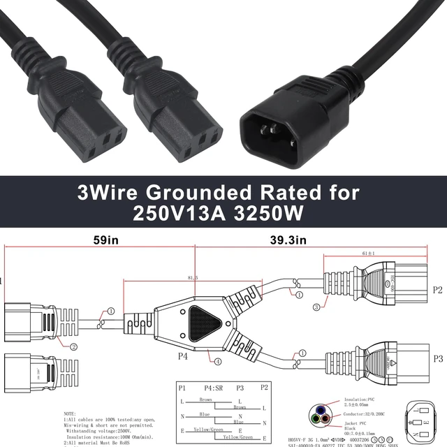 Alt view image 2 of 6 - C14 to 2 X C13 Y Splitter Power Cord, 6FT IEC 320 C14 Male to Dual IEC 320 C13 Female Splitter 2 Ways PDU UPS Extension Power Cord 250V/10A