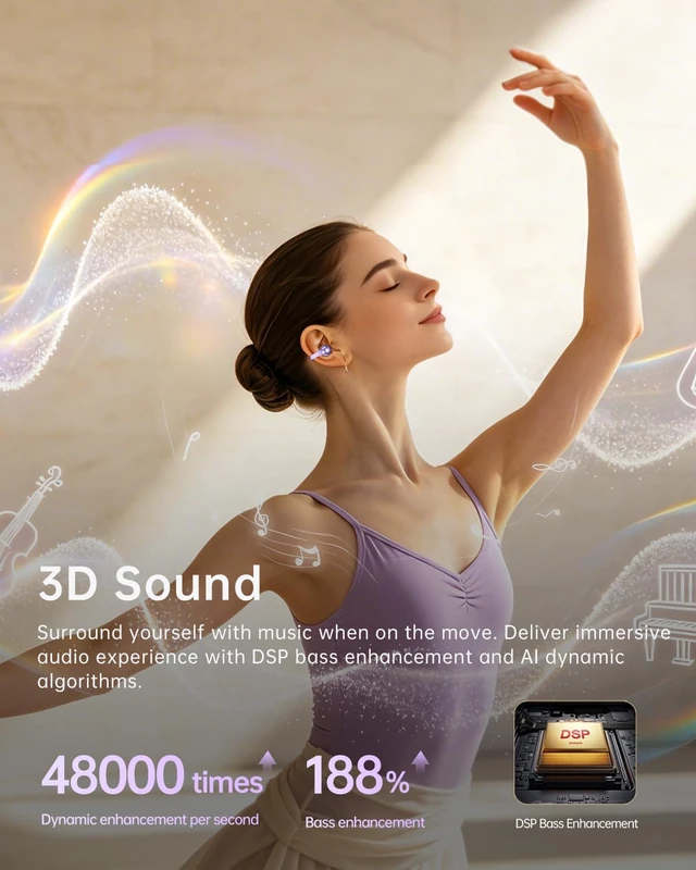 Alt view image 4 of 7 - Open Ear Clip On Earbuds,Clip Headphones with Crystal Clear Sound Ultra-Comfort for Driving Running Workout, Powerful Bass, 50H Playtime, Secure Fit, Hi-Res, IPX5, Bluetooth 6.0, Lavender