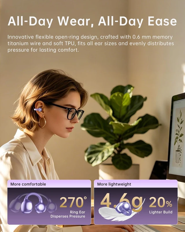 Alt view image 5 of 7 - Open Ear Clip On Earbuds,Clip Headphones with Crystal Clear Sound Ultra-Comfort for Driving Running Workout, Powerful Bass, 50H Playtime, Secure Fit, Hi-Res, IPX5, Bluetooth 6.0, Lavender