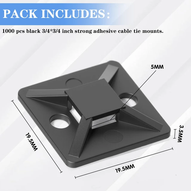 Alt view image 3 of 6 - 1000 Pcs 3/4 Inch Black Self Adhesive Cable Zip Tie Mounts Wires Zip Tie Mounting Base Holders Management Anchors Organizer Holders for Indoor & Outdoor Cable Organization (Black)