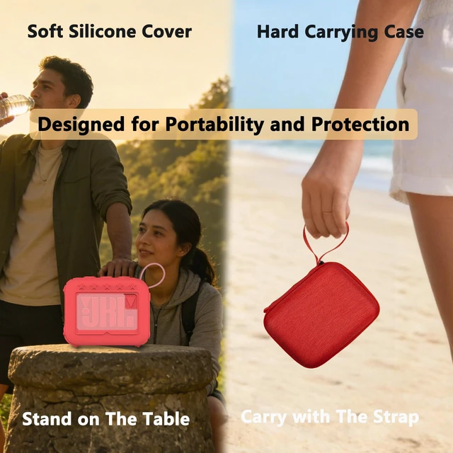 Alt view image 5 of 7 - Protective Case for JBL Go 4 Portable Bluetooth Speaker Accessories Hard Carrier and Silicone Cover for Go 4 Speaker, Shockproof Anti-Scratch Cases with Carabiner (Red Cases)