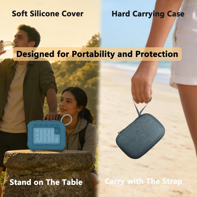 Alt view image 5 of 7 - Protective Case for JBL Go 4 Portable Bluetooth Speaker Accessories Hard Carrier and Silicone Cover for Go 4 Speaker, Shockproof Anti-Scratch Cases with Carabiner (Blue Cases)