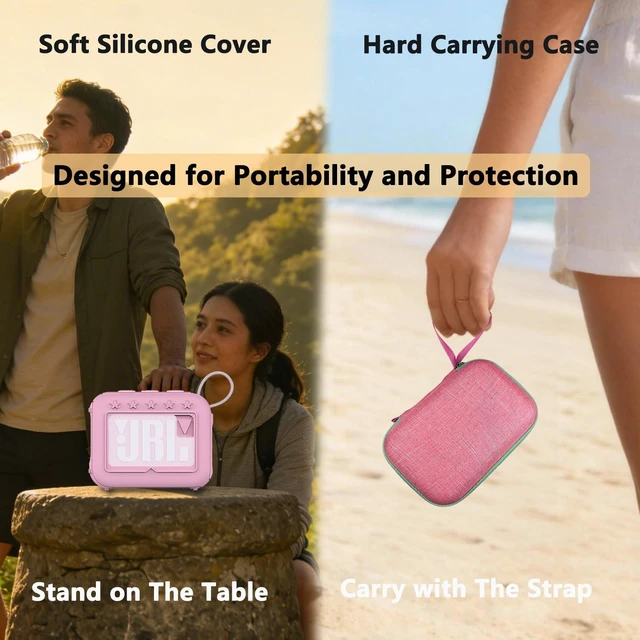 Alt view image 5 of 7 - Protective Case for JBL Go 4 Portable Bluetooth Speaker Accessories Hard Carrier and Silicone Cover for Go 4 Speaker, Shockproof Anti-Scratch Cases with Carabiner (Pink Cases)
