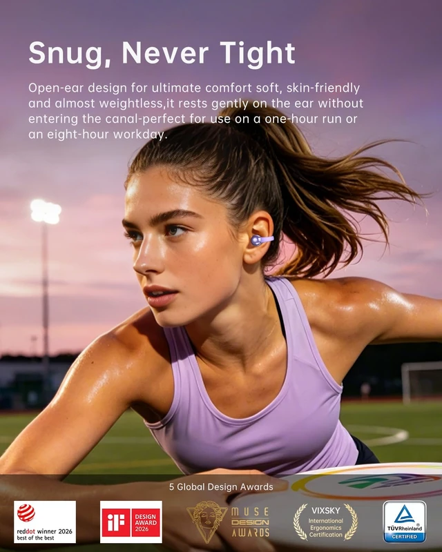 Alt view image 2 of 7 - Open Ear Clip On Earbuds,Clip Headphones with Crystal Clear Sound Ultra-Comfort for Driving Running Workout, Powerful Bass, 50H Playtime, Secure Fit, Hi-Res, IPX5, Bluetooth 6.0, Lavender