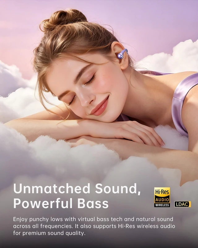 Alt view image 3 of 7 - Open Ear Clip On Earbuds,Clip Headphones with Crystal Clear Sound Ultra-Comfort for Driving Running Workout, Powerful Bass, 50H Playtime, Secure Fit, Hi-Res, IPX5, Bluetooth 6.0, Lavender