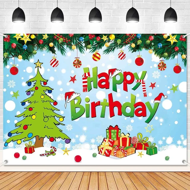Main image of 7x5ft Happy Birthday Christmas Banner Backdrop Green Christmas Birthday Party Decorations Supplies Kids Cartoon Theme Holiday Party Photography Background Wall Decor Photo Props
