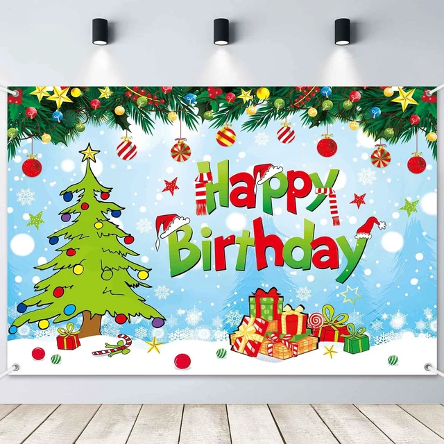 Alt view image 2 of 7 - 7x5ft Happy Birthday Christmas Banner Backdrop Green Christmas Birthday Party Decorations Supplies Kids Cartoon Theme Holiday Party Photography Background Wall Decor Photo Props