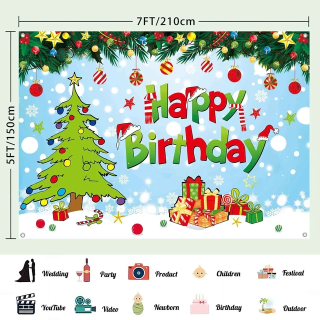 Alt view image 3 of 7 - 7x5ft Happy Birthday Christmas Banner Backdrop Green Christmas Birthday Party Decorations Supplies Kids Cartoon Theme Holiday Party Photography Background Wall Decor Photo Props