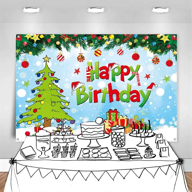 Alt view image 6 of 7 - 7x5ft Happy Birthday Christmas Banner Backdrop Green Christmas Birthday Party Decorations Supplies Kids Cartoon Theme Holiday Party Photography Background Wall Decor Photo Props