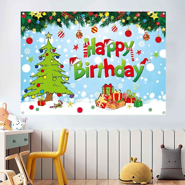 Alt view image 5 of 7 - 7x5ft Happy Birthday Christmas Banner Backdrop Green Christmas Birthday Party Decorations Supplies Kids Cartoon Theme Holiday Party Photography Background Wall Decor Photo Props